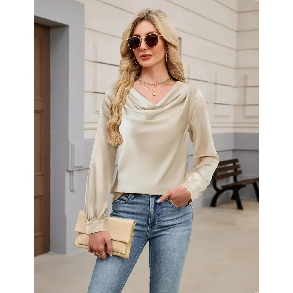 Women's Satin Blouse Cowl Neck Long Sleeve Business Casual Top Apricot - Picture 2 of 8